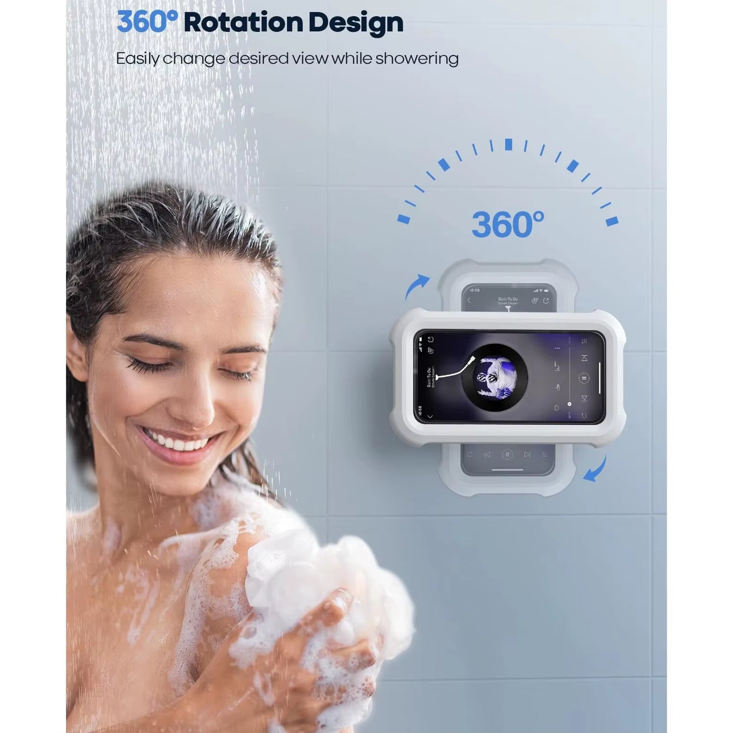 Waterproof Shower Phone Holder with 480° Rotation, Angle Adjustable, Wall Mounted Phone Holder for Bathroom Kitchen, up to 6.8I